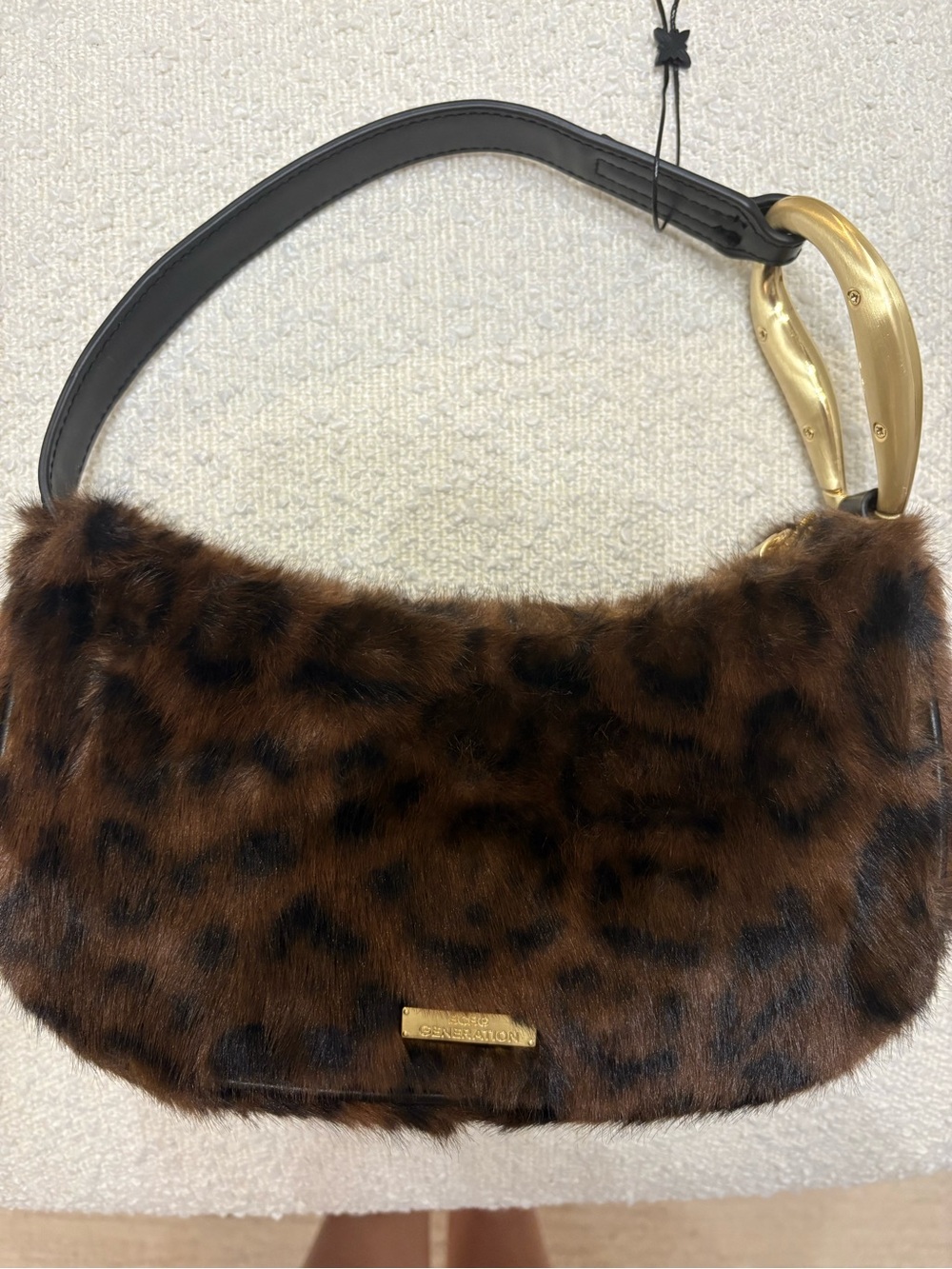 NWT BCBGeneration Leopard Faux Fur Shoulder Bag with Black Strap Gold Hardware